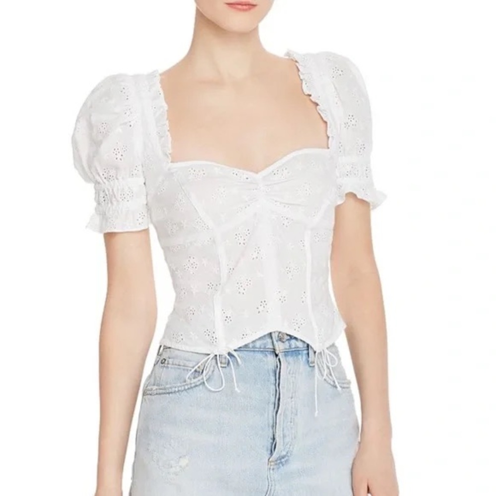 For Love & Lemons White Eyelet Puff Sleeve Corset Top